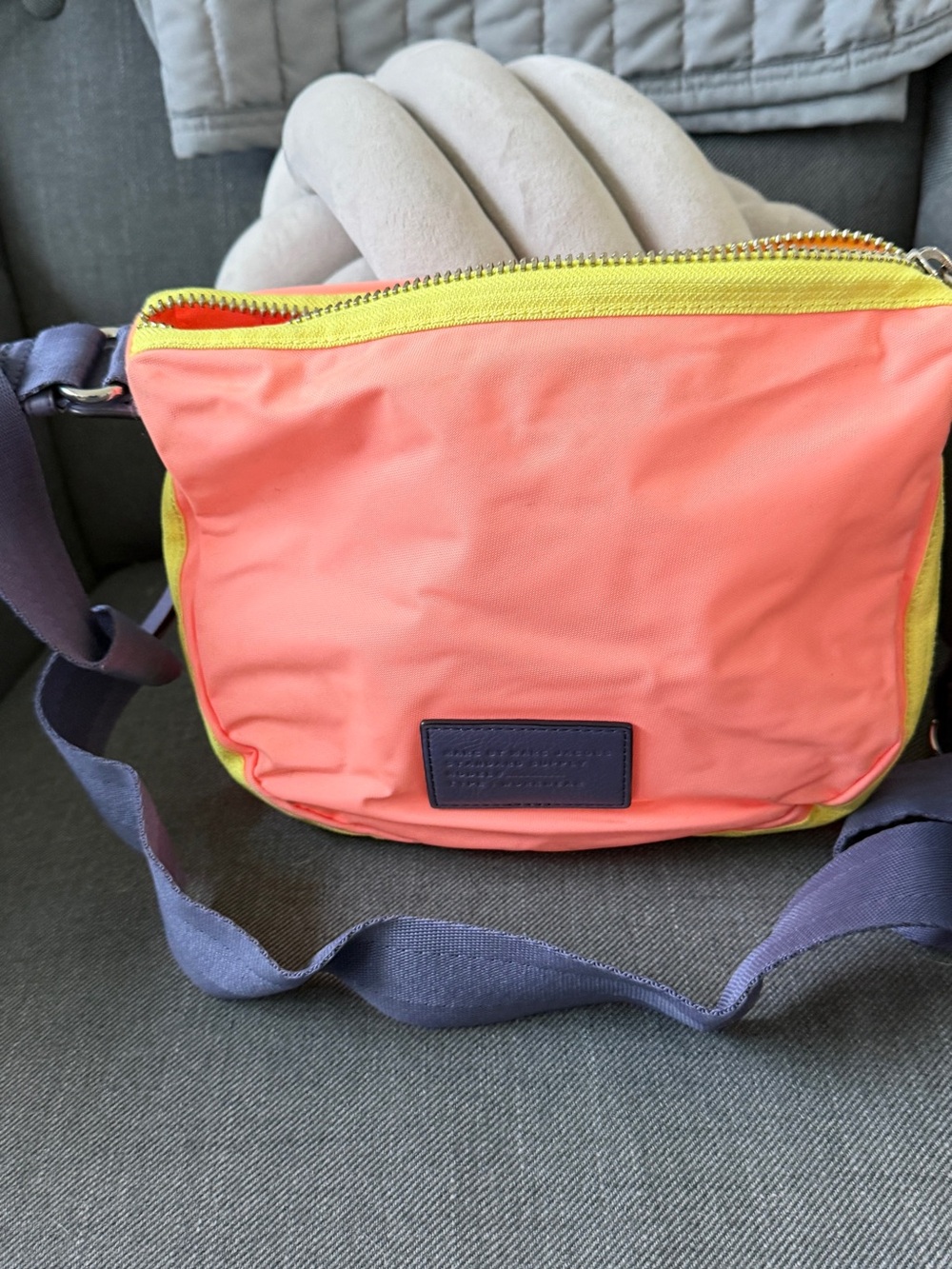 Marc Jacobs Coral Crossbody with Yellow Trim and Navy Strap